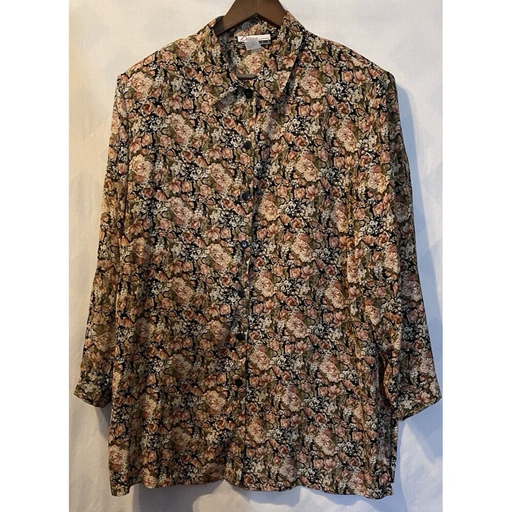 Vintage Diana Marco  Roses Print Button Down Blouse Shirt Womens 20 Cottagecore